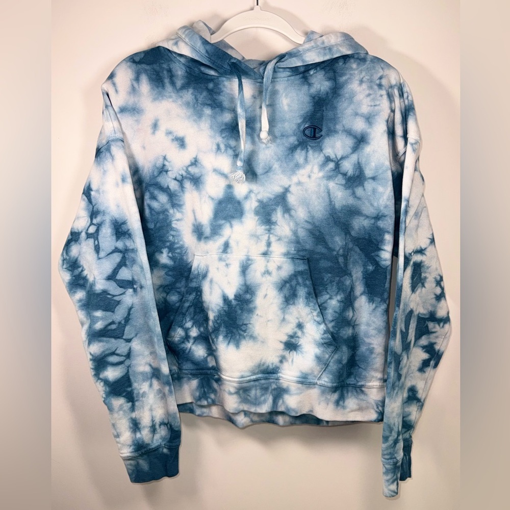 Champion Logo Y2K  Women Blue and White Tie-Dye Pullover Hoodie Size Small